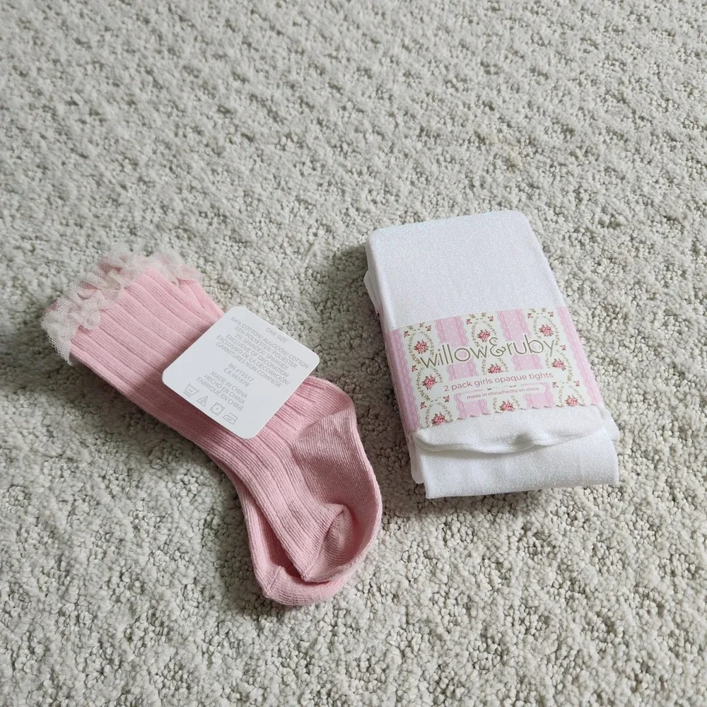 Girls 2 Pack White Opaque Tights 2T-4T and Pink Lace Trim Socks NWT